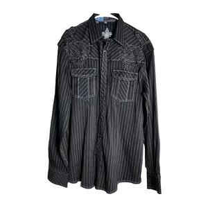 ROAR‎ Button Down Dress Shirt Size XL Black Striped Embroidered Long Sleeve